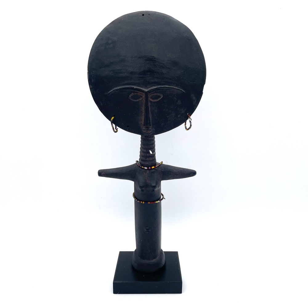 Vintage Akuaba Fertility Figure Hand Carved Wood Black Beaded African Folk Art